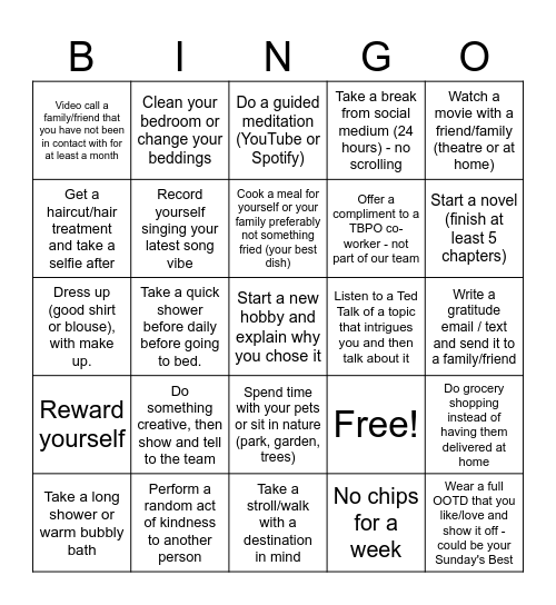 Mental Health Bingo Card