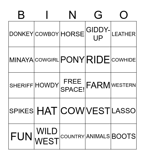 Minaya's Cowgirl Bingo Card