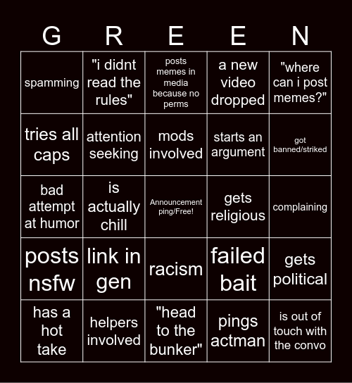 green bingo Card