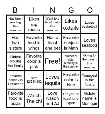 All About Me Bingo Card