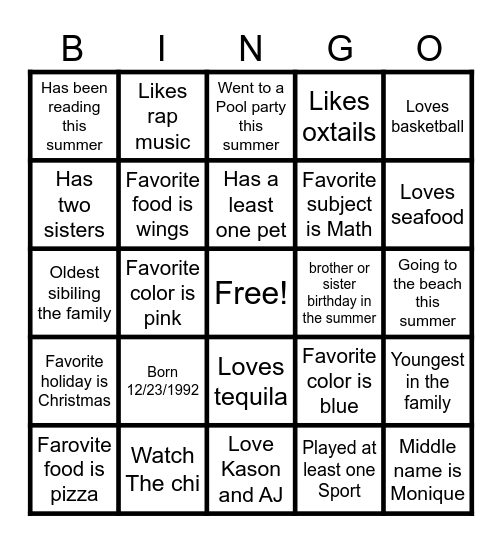 All About Me Bingo Card