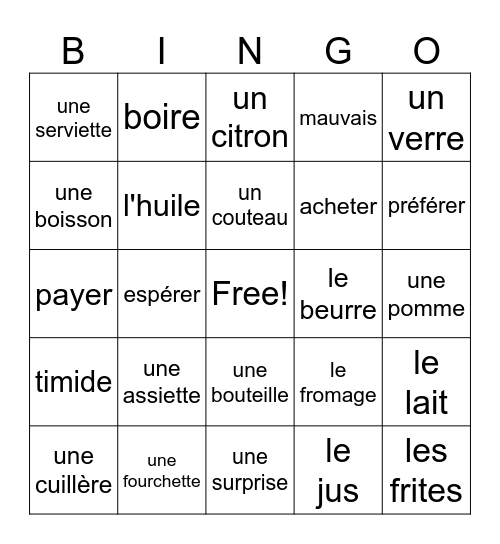 Déc 2 U4 vocabulaire Bingo Card