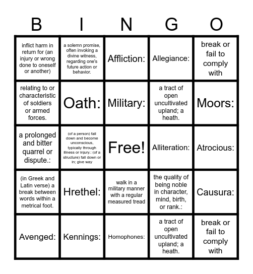 Beowulf Vocabulary Bingo Card