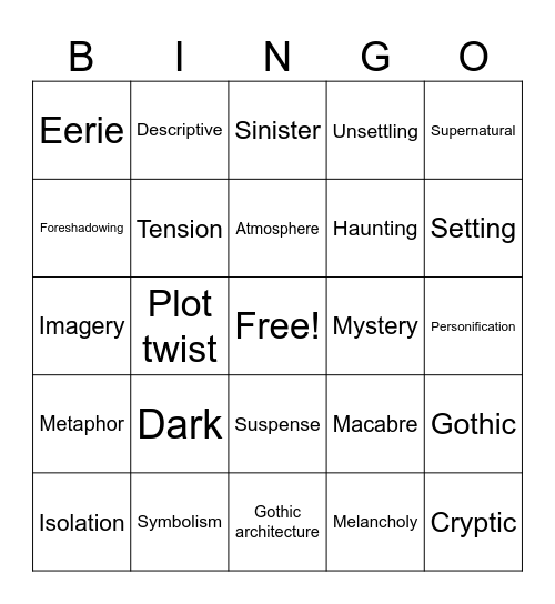 Gothic Literature Bingo Card