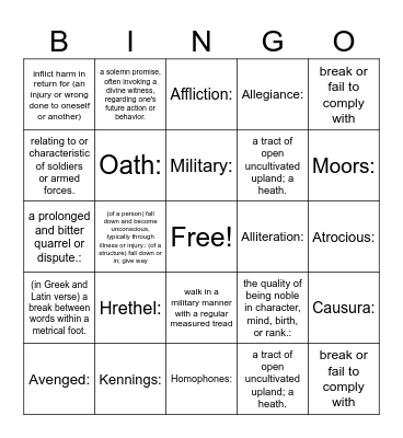 Beowulf Vocabulary Bingo Card