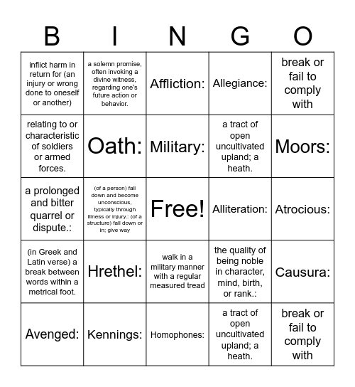 Beowulf Vocabulary Bingo Card