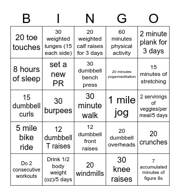 Fitness Bingo Card