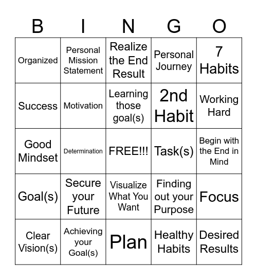 Begin With The End in Mind Bingo Card