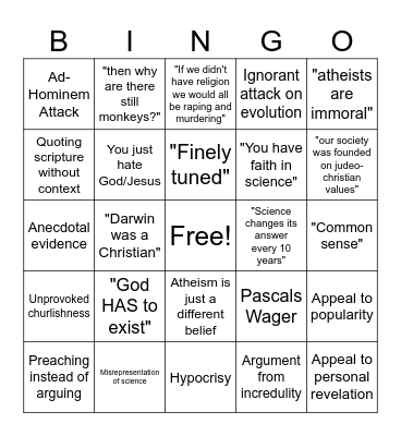 Shitty Theist Bingo Card