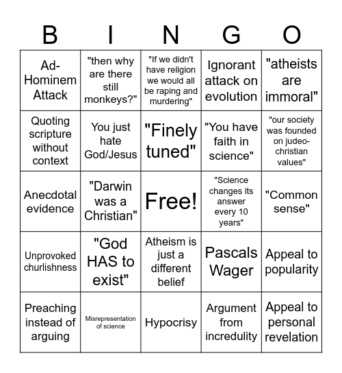 Shitty Theist Bingo Card