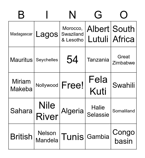 Africa Trivia Bingo Card