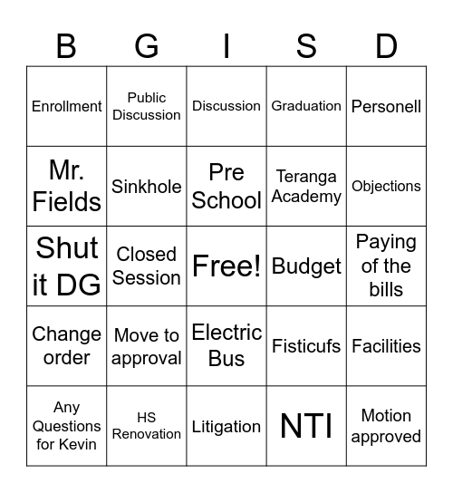 BG Bingo Board Bingo Card
