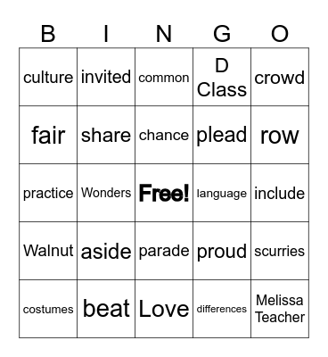 Wonders 2.1 Vocabulary Bingo Card