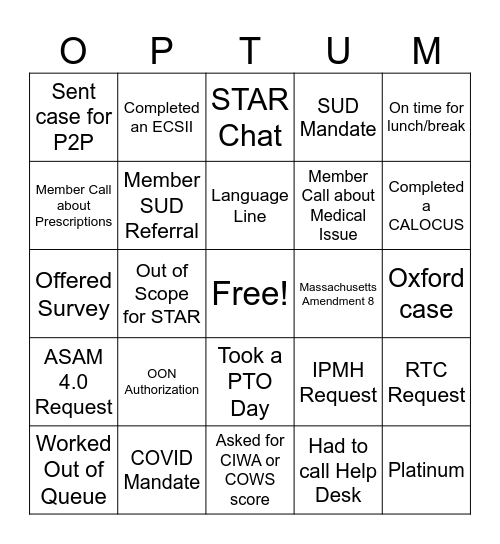 After Hours Bingo Card