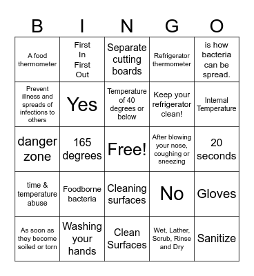 Food Safety Bingo Card