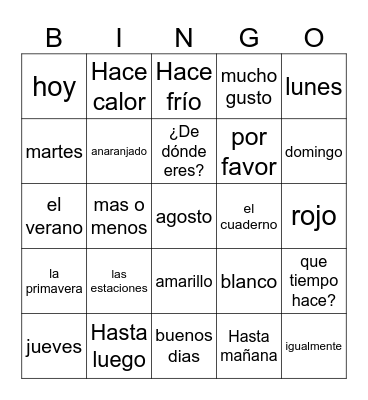 Repaso de Para Empezar: Español 1 Bingo Card