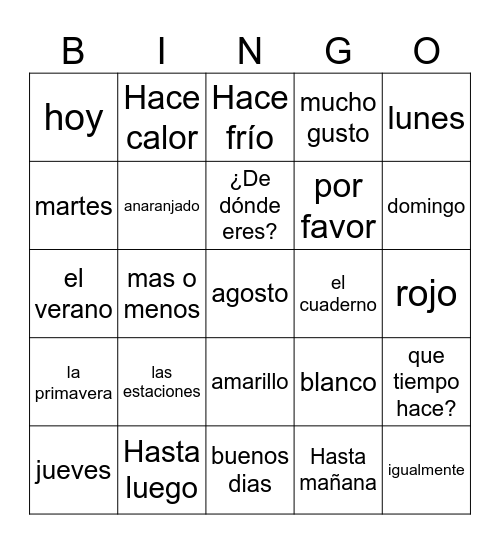 Repaso de Para Empezar: Español 1 Bingo Card