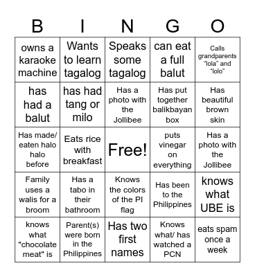 Filipino Bingo Card