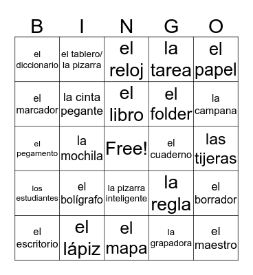 Cosas en el salón de clase Bingo Card