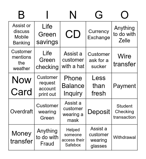 Evergreen Banker Bingo Card