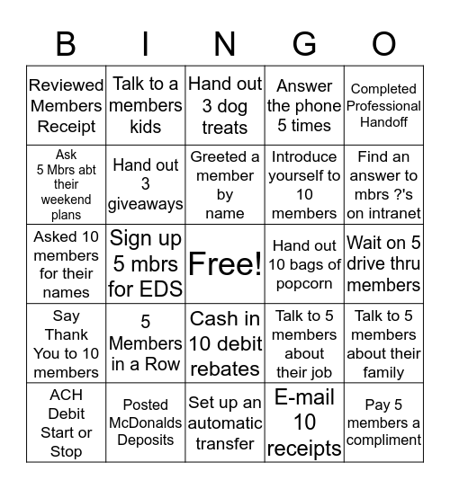 Member Service Bingo! Bingo Card
