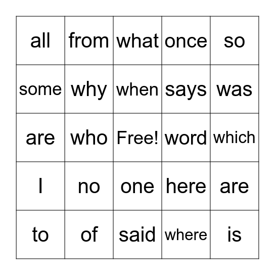 Tricky Word Bingo Card