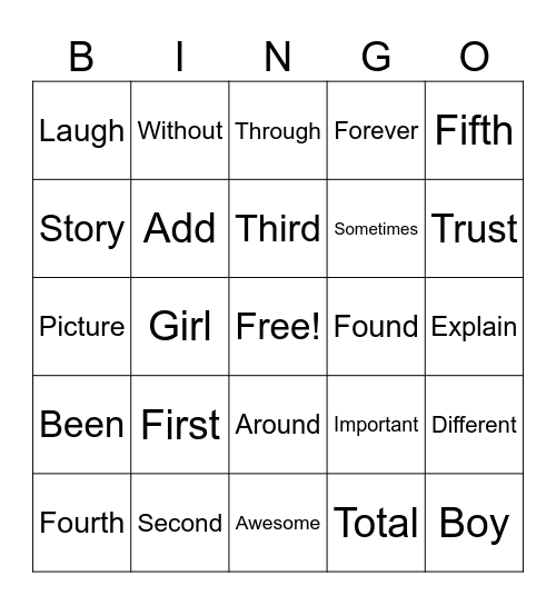 4th Grade Sight Words Bingo Card