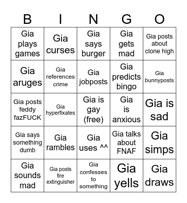 Gia Bingo Card