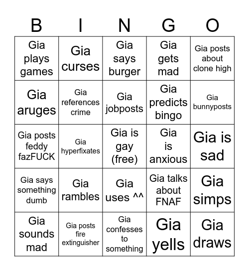 Gia Bingo Card