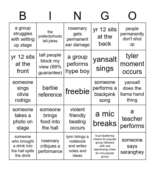 talent show bingo (friday + wednesday) Bingo Card