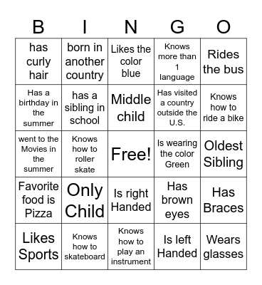 Classmate Bingo Card