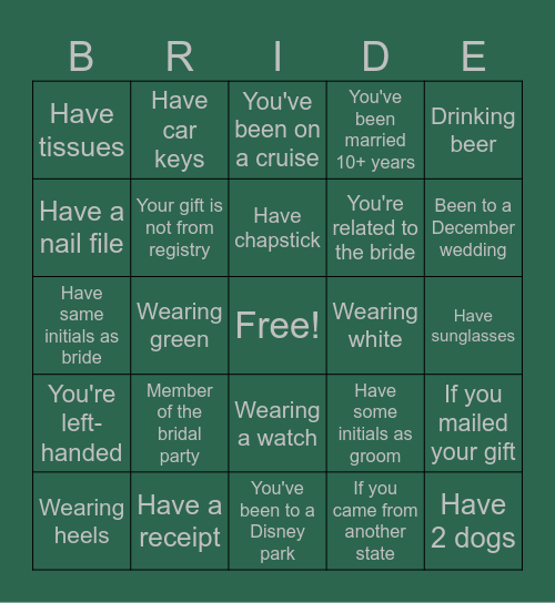 Bridal Shower Bingo Card