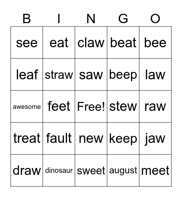 au, aw, ee, ea,ew Bingo Card