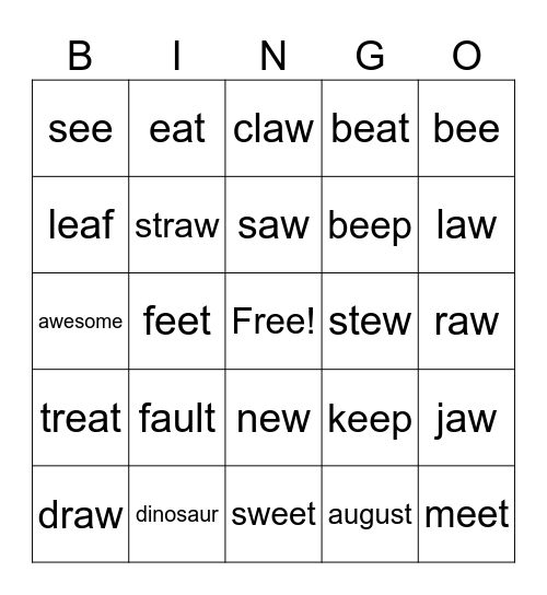 au, aw, ee, ea,ew Bingo Card