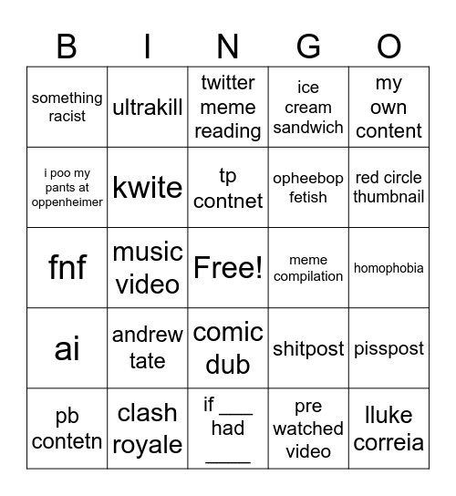 Youtube Bingo Card