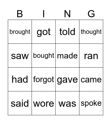 Irregular verbs Bingo Card