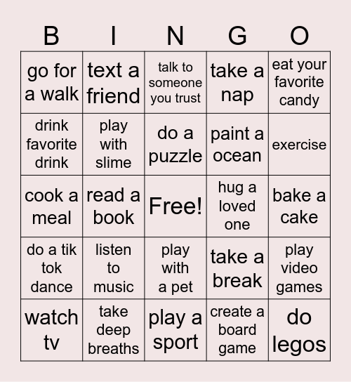 Coping Skils Bingo Card