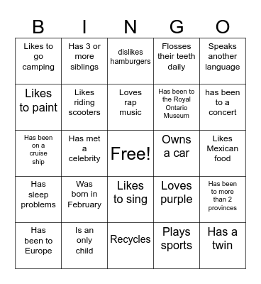 STUDENT BINGO Card