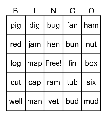 SHORT VOWEL SOUNDS Bingo Card