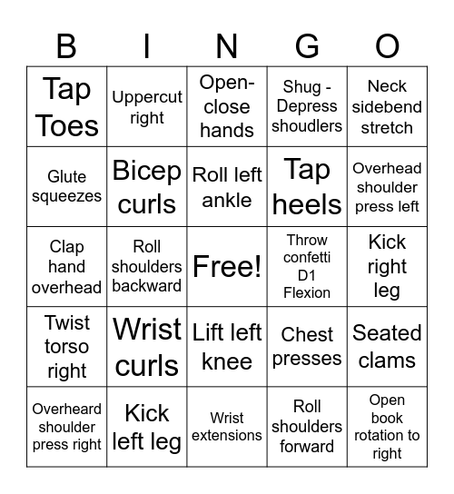Senior Bingo Exercise Bingo Card