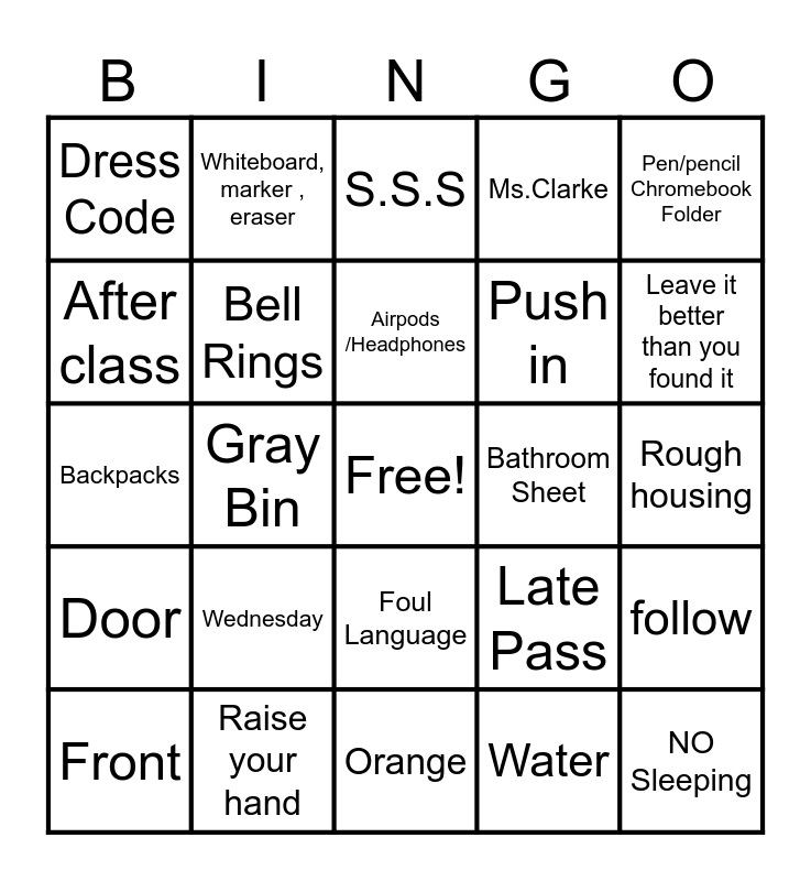 Class Rules Bingo Card