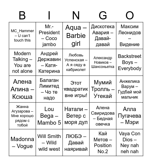 Музыкальное бинго Bingo Card