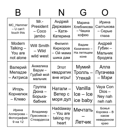 Музыкальное бинго Bingo Card