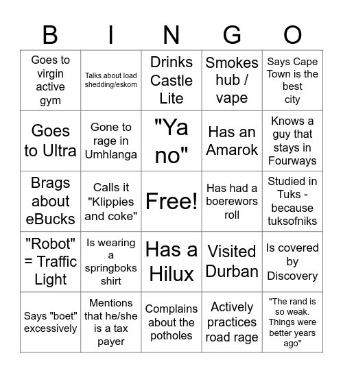 Spot a South African Bingo Card