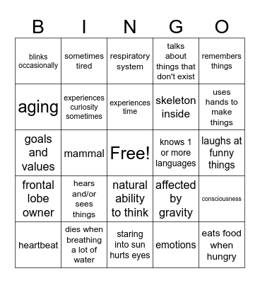 Being a Human Bingo Card