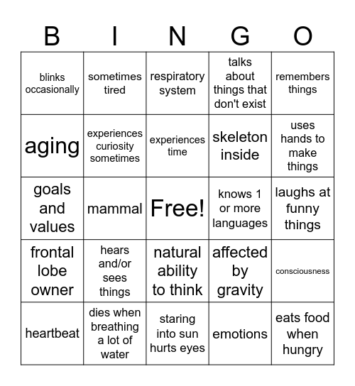 Being a Human Bingo Card