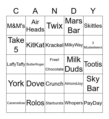 Candy Bar Bingo Card