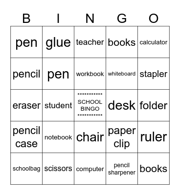 School objects Bingo Card