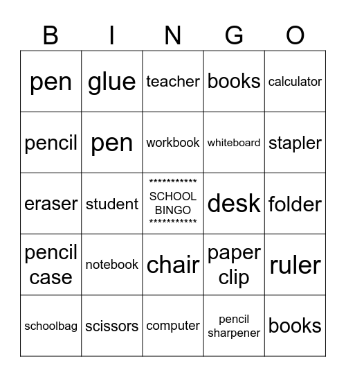 School objects Bingo Card