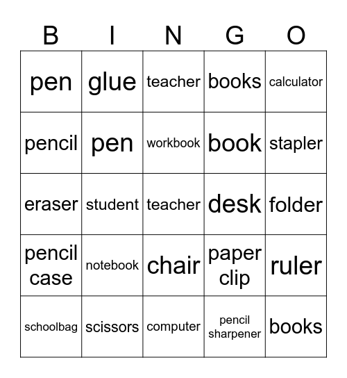 School objects Bingo Card